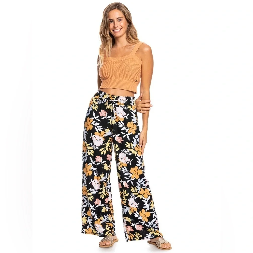Roxy Rythm Beach Boho Floral Wide Pull On Pants Size Small
